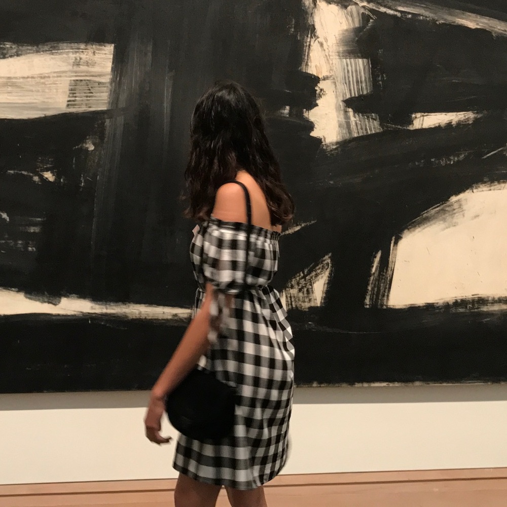LOFT Black and White Checkered Off Shoulder Summer Dress With Belt